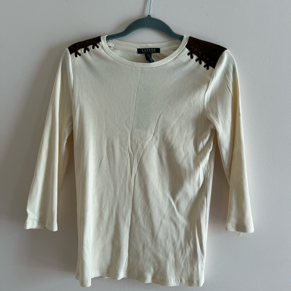 Lauren Ralph Lauren Cream Long Sleeve Top with Brown leather tie accent